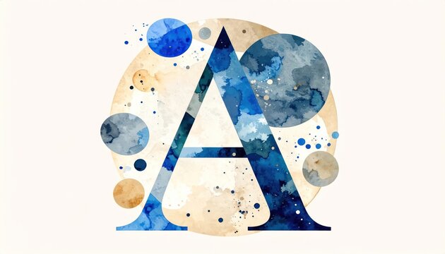 Abstract watercolor letter A with blue geometric circles.