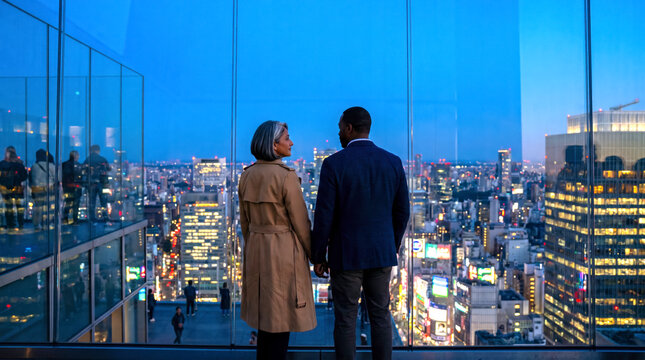 Elegant mature couple admiring illuminated Asian city skyline through a glass observation deck