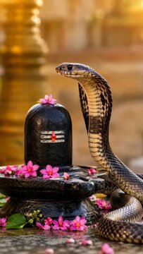 A majestic king cobra snake with raised hood standing next to a sacred black Shiva lingam decorated with pink flowers inside a temple during the holy Hindu festival of Nag Panchami celebration.