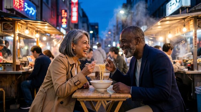 Cheerful mature couple sharing steaming ramen noodles at a lively outdoor street food stall