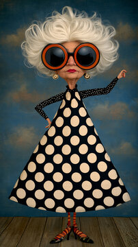 Retro fashion old woman polka dot dress and sunglasses. Stylized female figurine posing in vintage outfit with bold accessories