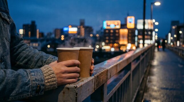 Warm takeaway coffee cups resting on a bridge railing above a glowing evening cityscape