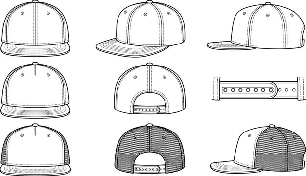 Snapback Cap Technical Flat Sketch Collection with Multiple Views and Mesh Texture
