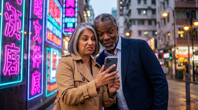 Surprised mature couple checking a smartphone map amid colorful neon signs on a Hong Kong street