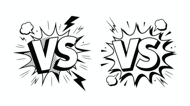 Comic book style versus logo graphics with bold VS lettering and explosive starburst backgrounds for competitive battle scenes.