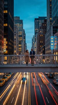 Mature couple pausing on a pedestrian bridge above avenue light trails between towering skyscrapers
