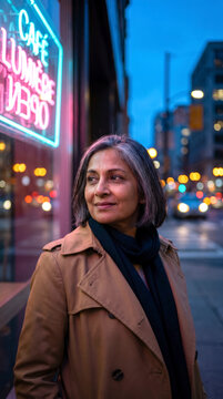 Pensive mature woman standing beside a glowing neon cafe window on a quiet evening city street