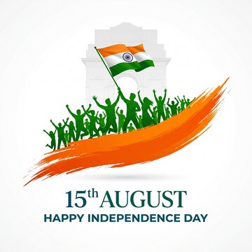 Silhouette of happy people waving the Indian flag and celebrating during independence day with vibrant orange brush strokes on a clean white background creative design