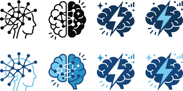 Neural network brain icon set with human mind connections intelligence lightning thinking and technology innovation symbols in blue vector style