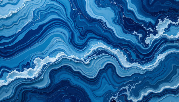 Blue liquid marble texture background with swirling wave pattern and frothy sea crest