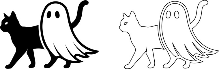 Obraz premium Black and white cat with ghost tail illustration illustration Editable icons