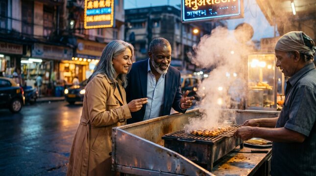 Curious mature couple watching a street vendor grill skewers at a smoky evening food market
