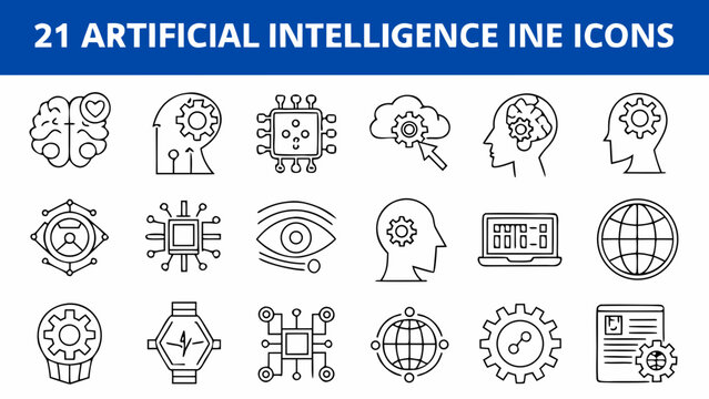Artificial intelligence icons represent various technological concepts and human brains