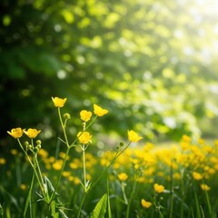 Fototapeta premium Bright sunlight filters through lush green leaves and vibrant yellow wildflowers in a breezy summer meadow, creating a joyful atmosphere, outdoors, peaceful, bliss