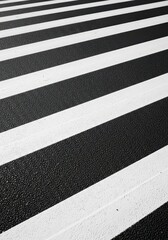 Fototapeta premium Clean white parallel stripes stretch across a textured dark asphalt road, showing a high contrast urban street surface in soft morning light, texture, markings, junction