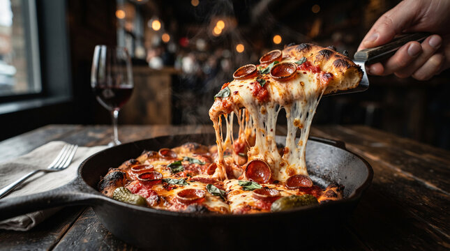 pizza in the restaurant Delicious hot pepperoni pizza on a table with a slice being pulled up showing stretchy cheese.