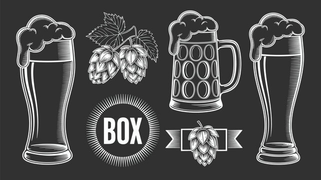 Chalkboard themed branding design with hand drawn beer glasses hop cones and a circular box logo for a craft brewery or pub menu.