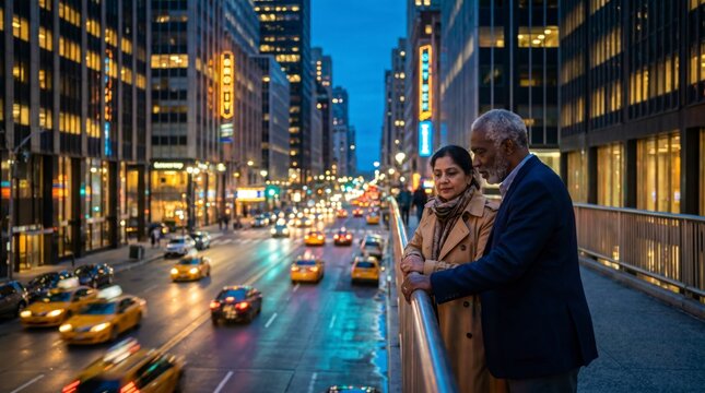 Tender mature couple leaning on a railing overlooking a busy taxi filled avenue at dusk