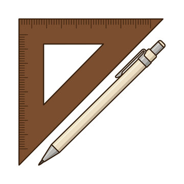 Brown triangle ruler, silver pen, drawing tools, drafting equipment, stationery isolated on White Background back to school, eps, fully editable