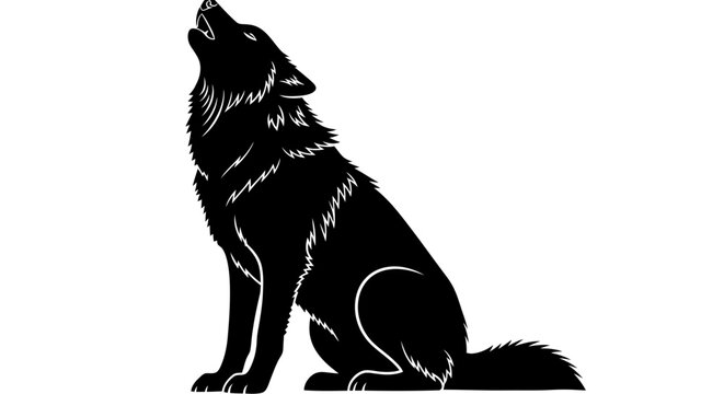 Howling wolf silhouette vector, black wild animal profile, sitting timber wolf illustration, predatory canine mascot for logo design