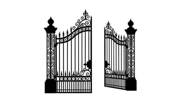 Ornate wrought iron gate vector silhouette, vintage garden entrance with decorative swirls, classic black metal driveway gates for estate landscaping