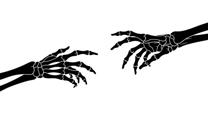 Skeleton hands reaching out in black silhouette, anatomical bone structure of human hands, spooky gothic vector illustration for Halloween