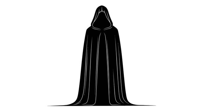 Mysterious hooded cloak silhouette vector, dark faceless reaper figure in black robe, gothic fantasy character illustration for gaming and horror