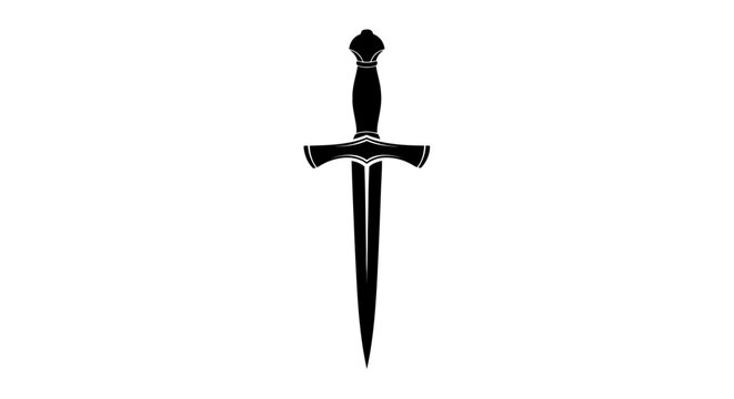 Medieval dagger vector silhouette, black steel blade knife icon, ancient fantasy weapon illustration, sharp combat short sword isolated on white