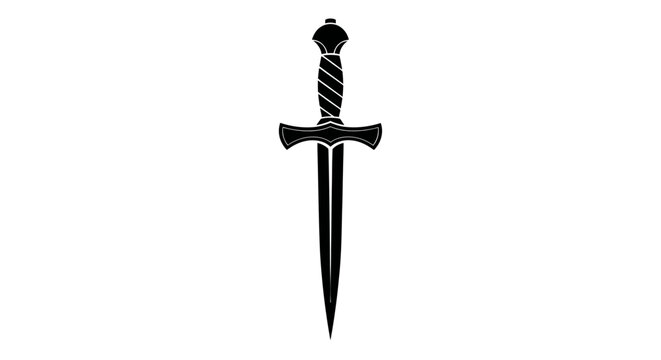 Medieval dagger vector silhouette, black antique sword icon on white background, vintage steel blade weapon for gaming and heraldry design