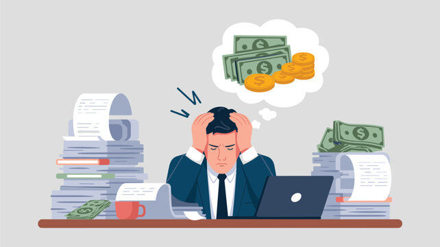 Stressed businessman sitting at a desk overflowing with paperwork while thinking about money and bills in a relatable office scene.