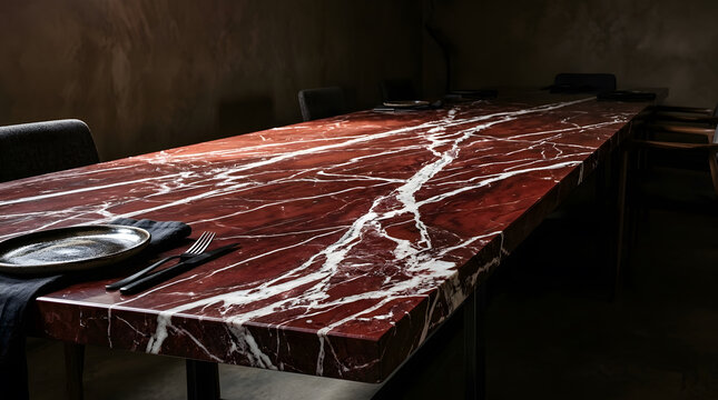 luxury red marble dining table | high-end modern restaurant interior | dark moody dining room aesthetic | rosso lepanto marble texture