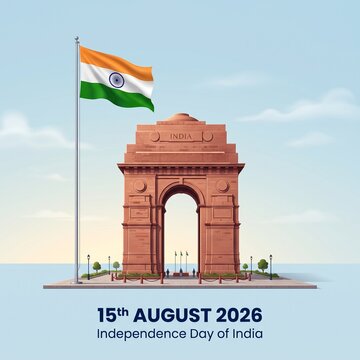 Majestic India Gate monument standing tall with the waving national tricolor flag under a clear blue sky to celebrate the glorious Indian Independence Day holiday