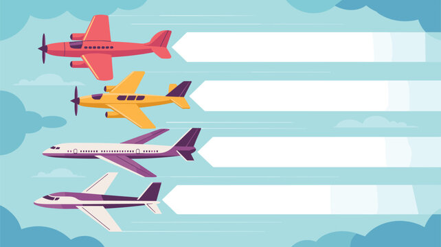 Fleet of different airplanes flying through the sky with white banner trails for text space in a flat design illustration.