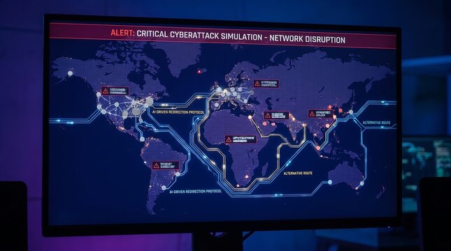 Critical cyberattack simulation displayed on a large screen in a control room with technology and AI performance metrics