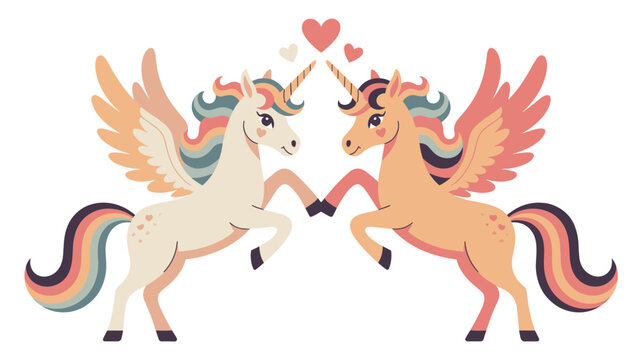 Two magical winged unicorns facing each other with hearts above their heads in a soft pastel color illustration.