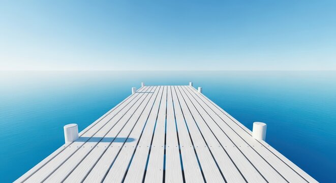 Clean white wooden planks form a long jetty leading into the tranquil blue ocean under a vast open sky, creating a bright summer landscape, blue, horizon, walkway