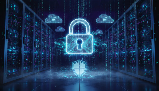 Cybersecurity Shield: A glowing neon padlock and shield symbol hover in a data center amidst server racks, symbolizing digital security and cloud protection.