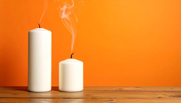 Two Extinguished White Cylindrical Pillar Candles of Different Heights Blowing Out Wisps of Smoke on a Wooden Surface Over a Vivid Orange Background