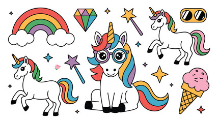 Fototapeta premium Cute cartoon unicorn sticker set with rainbows, ice cream, stars, and magic wands for girls and childrens designs.