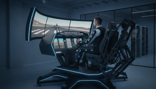 Pilot Training Simulator: A man in a flight suit operates a sophisticated flight simulator, mimicking an aircraft cockpit with multiple screens displaying a runway and controls.