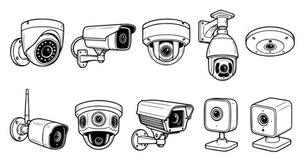 security camera vector, cctv camera illustration, black white surveillance icons, dome bullet camera, ip camera line art, security system clipart, monitoring camera set, safety equipment vector, home  © Tanbin