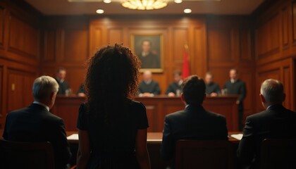 Obraz premium Courtroom scene with judges on bench. Woman waits for judicial decision. Legal drama unfolds with serious faces, tense atmosphere. Justice and law in session.