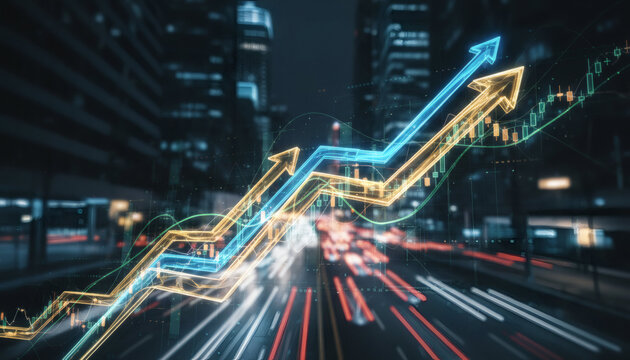 Economic Growth Graph: An animated graph representing economic growth with upward trending arrows is overlaid on a blurred cityscape at night.