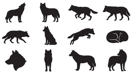 Obraz premium High-quality wolf silhouette vector collection featuring wild gray wolves, coyotes, and jackals in various dynamic poses. Includes howling, running, stalking, walking, jumping, sitting, and sleeping 