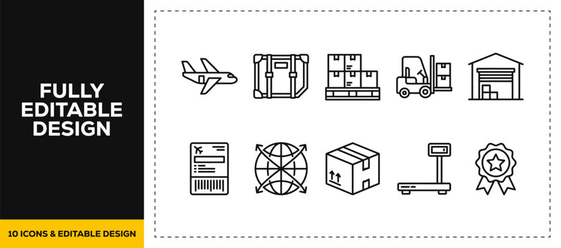 flat vector illustration line art icon bundle set design depicting logistics cargo shipping warehouse management tools UI graphics