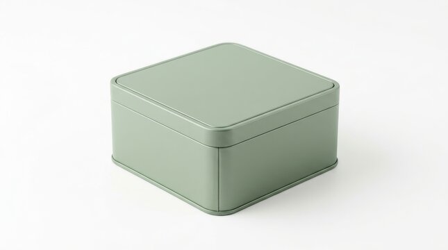 Sage green square metal tin container minimalist storage box product packaging mockup isolated studio shot