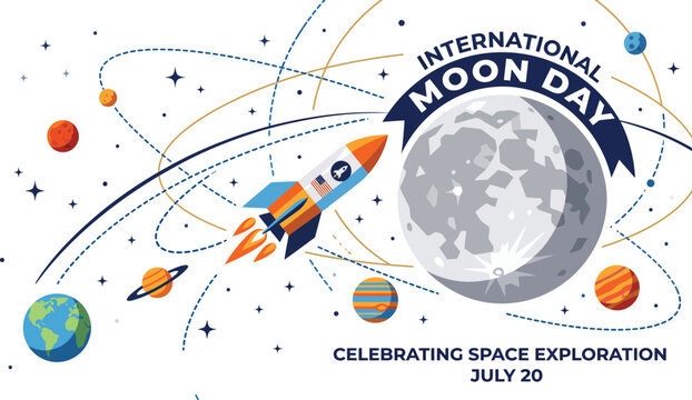 International moon day vector graphic illustration featuring a colorful rocket ship soaring past the lunar surface with orbiting planets and starry night sky elements designed for a space exploration 