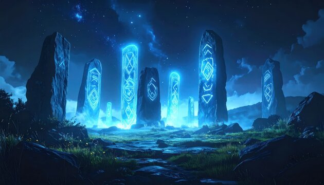Glowing ancient runic stone pillars at night.