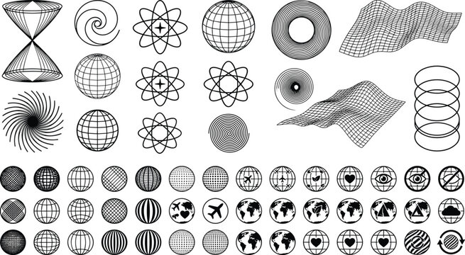 Abstract wireframe grid and globe line icon set featuring geometric science formulas, digital terrain mesh, and physics symbols