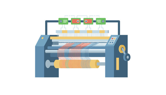 Industrial textile loom machine processing colorful threads into woven fabric rolls in a factory setting.